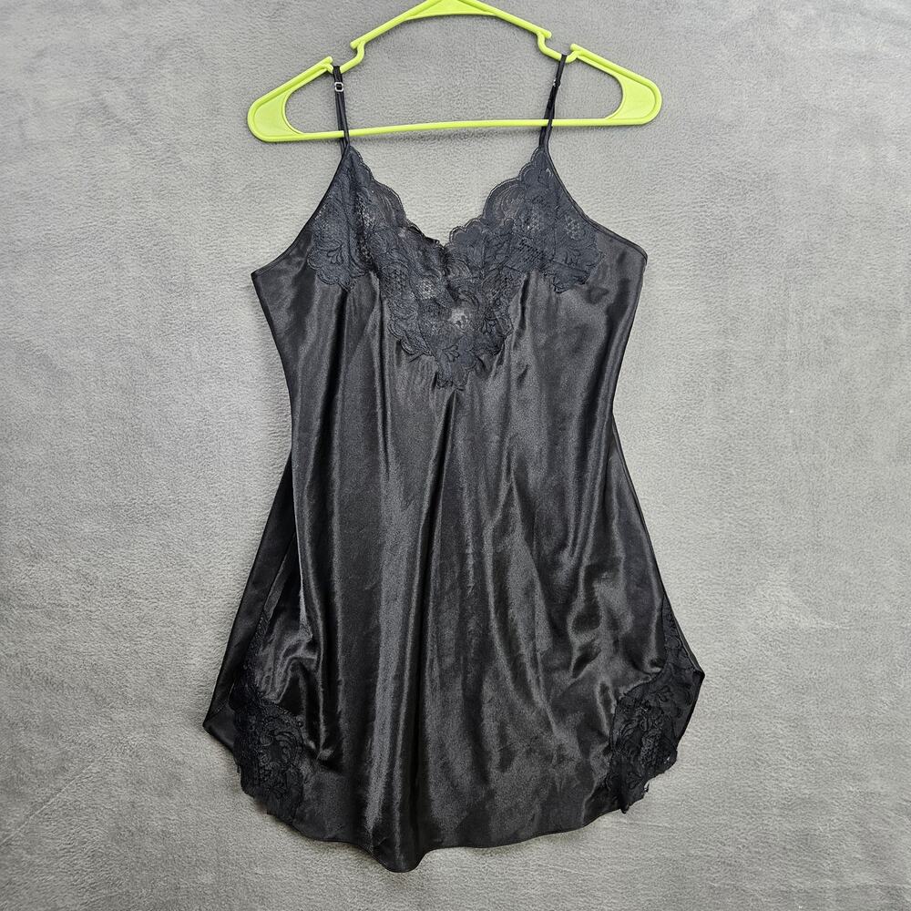 Vintage 90s Victoria's Secret Gold Label Black Satin Lace Slip Dress Size M